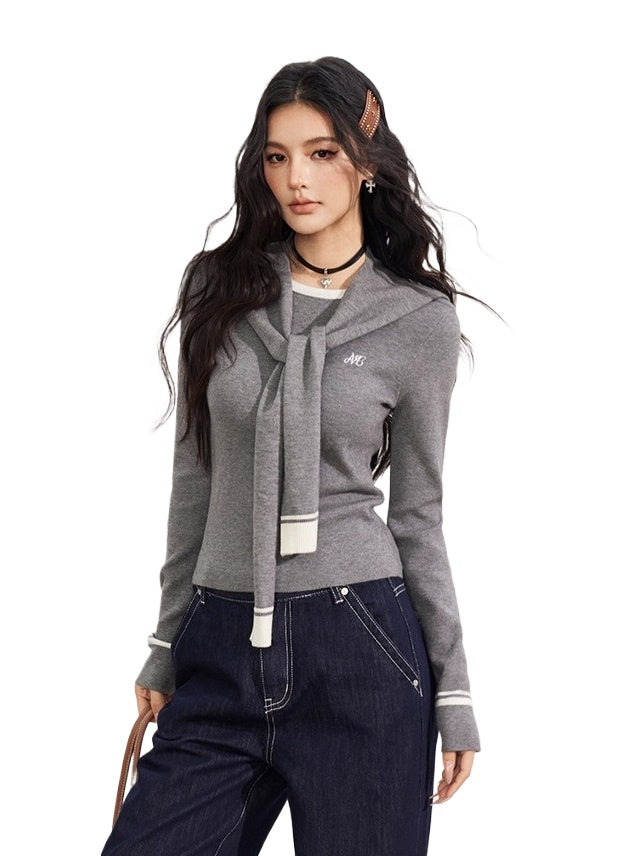 Gray & Blue Shoulder Crewneck Layer & Cape Set