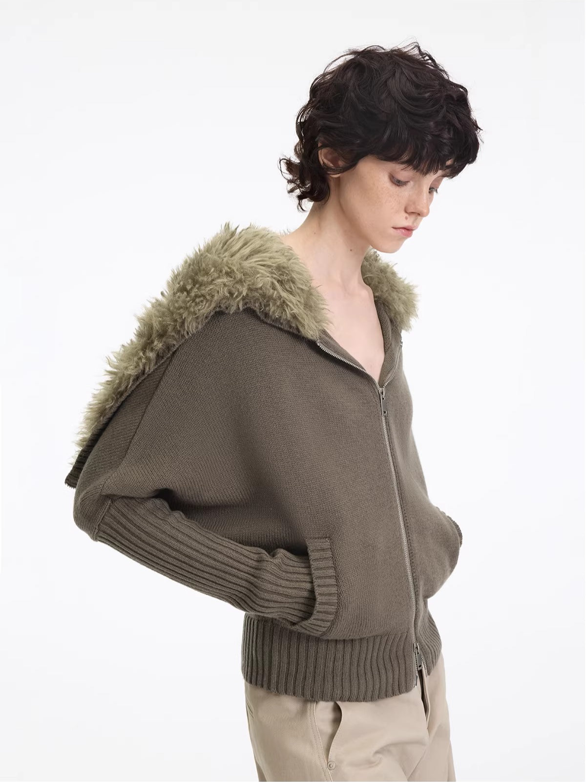 Hooded Fur Collar Knit Cardigan