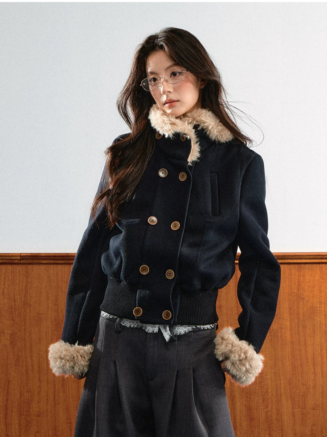 Navy Blue Vintage Faux Fur Collar Jacket