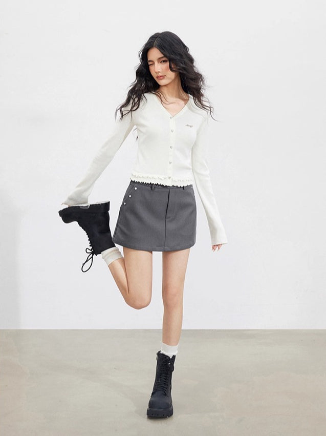 Lace-Trim Slim Knit Cardigan