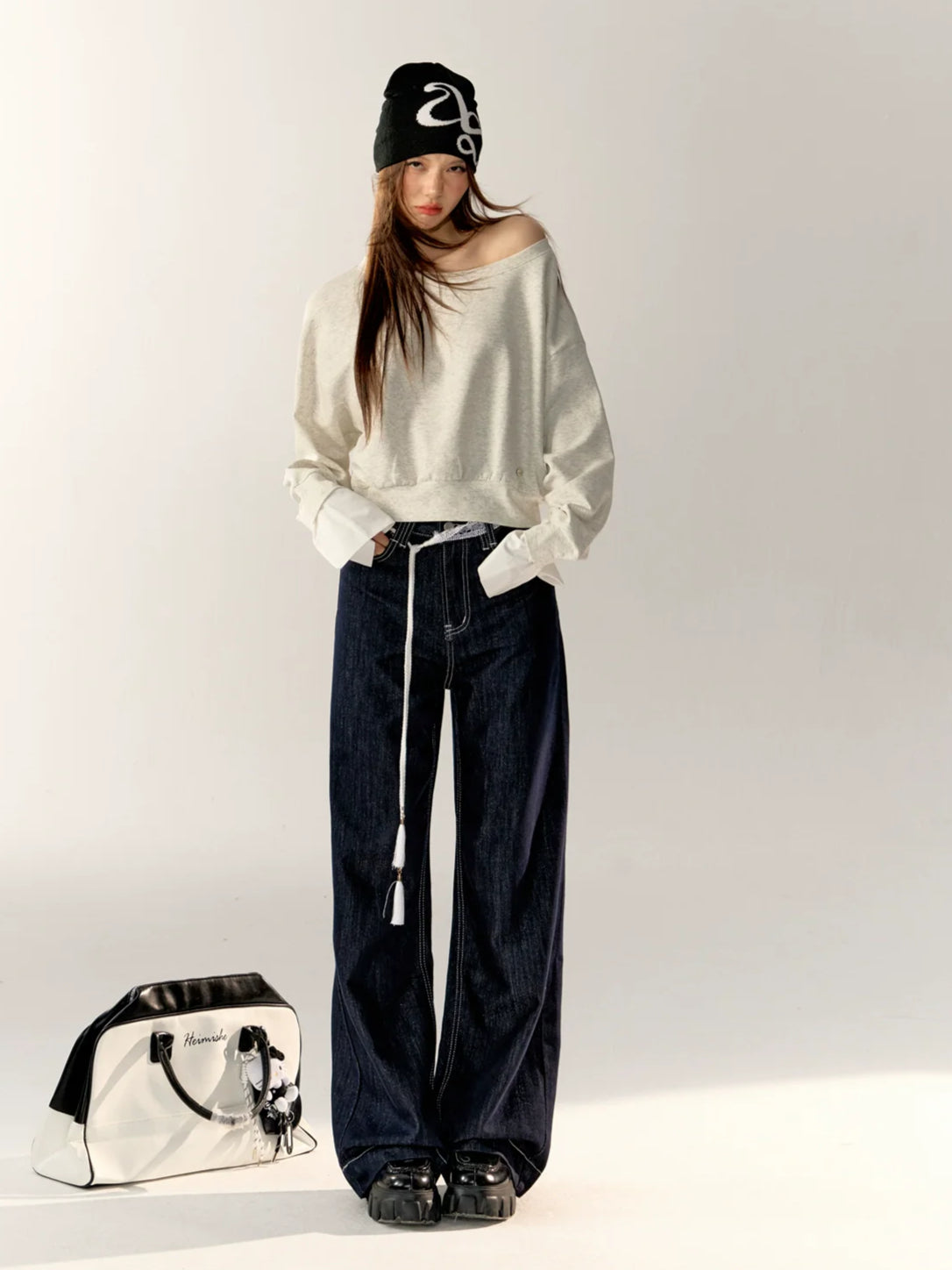 Dark Blue High-waist Wide-leg Pants
