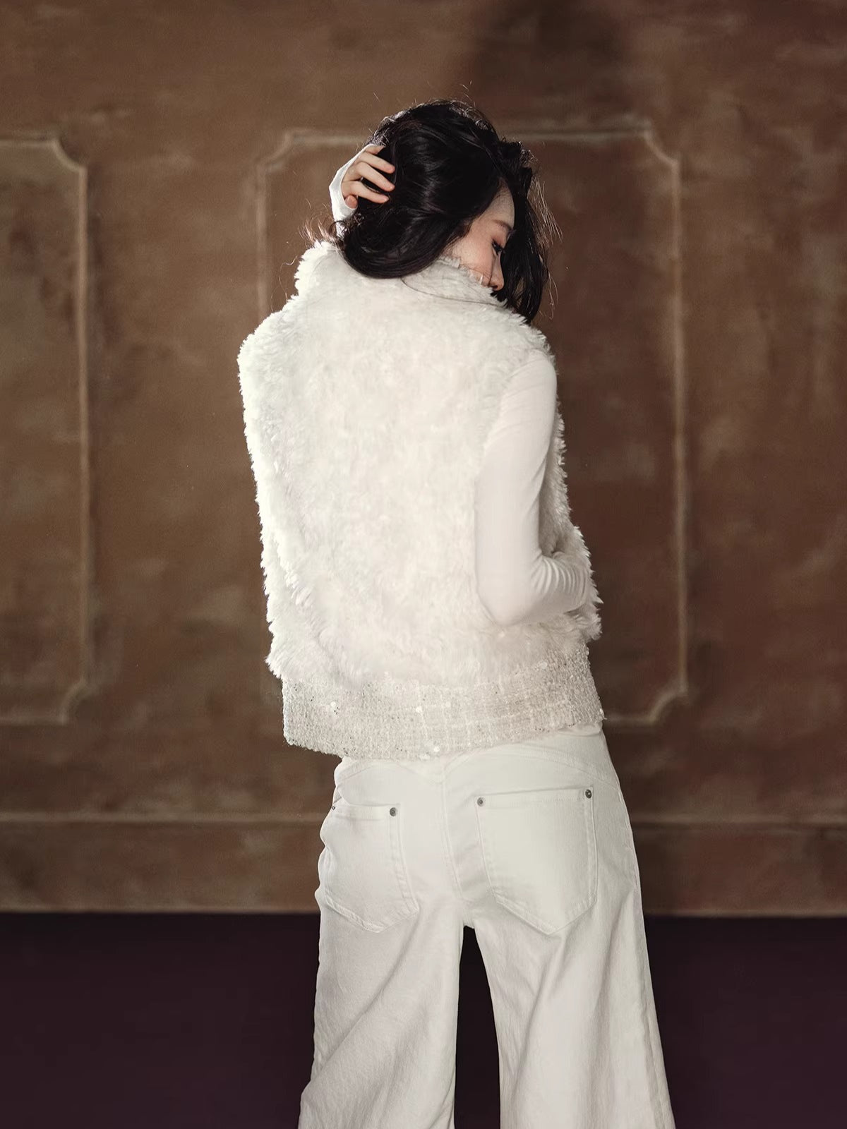 White Beaded Faux Fur Vest