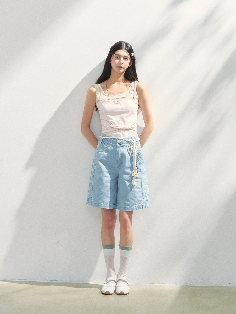 Lace-adorned Polka-dot Denim Capri Pants