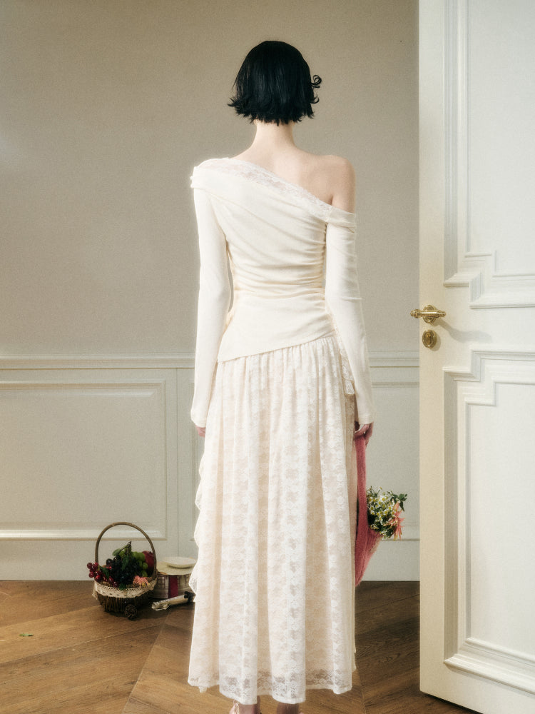 Lace Floral Asymmetrical Off-Shoulder Top & Skirt Set