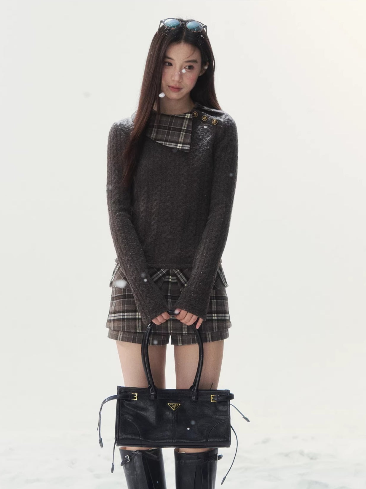 Plaid Collar Knit Set