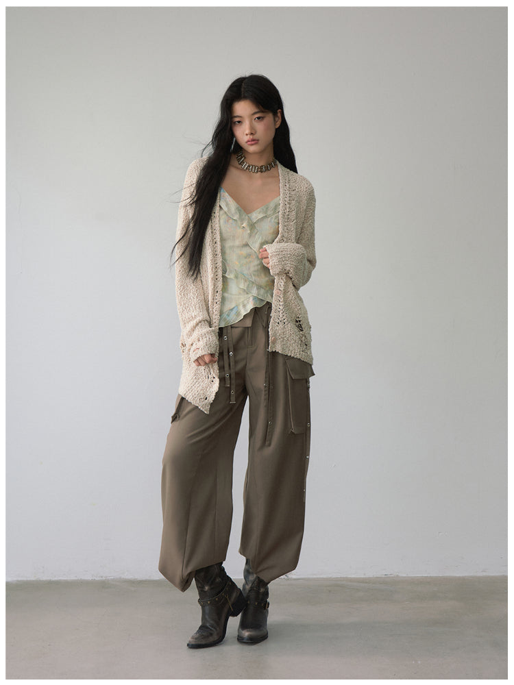 Folded Waist Three-Dimensional Pocket Casual Pants