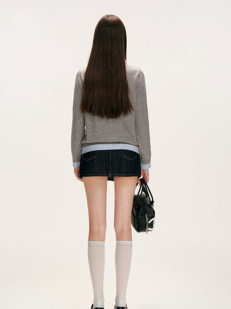 Plaid Trim Denim Skirt