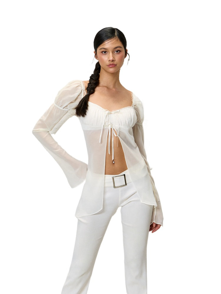 White & Black Ruffle Chiffon Sun Blouse Set
