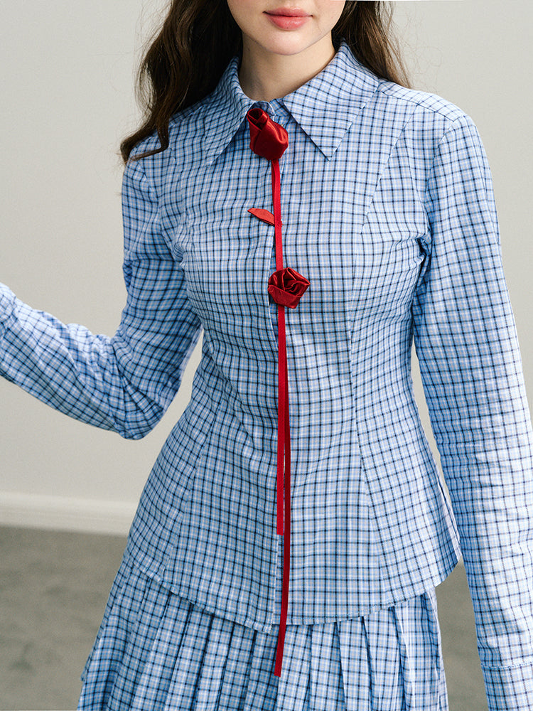 Red Rose & Navy Blue Rose Checkered Shirt