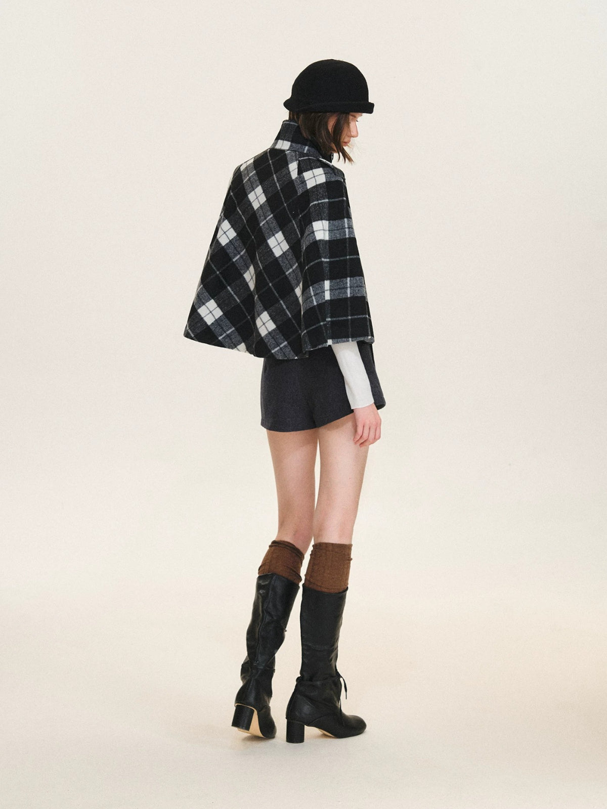 Checked Wool Blend Cape Coat