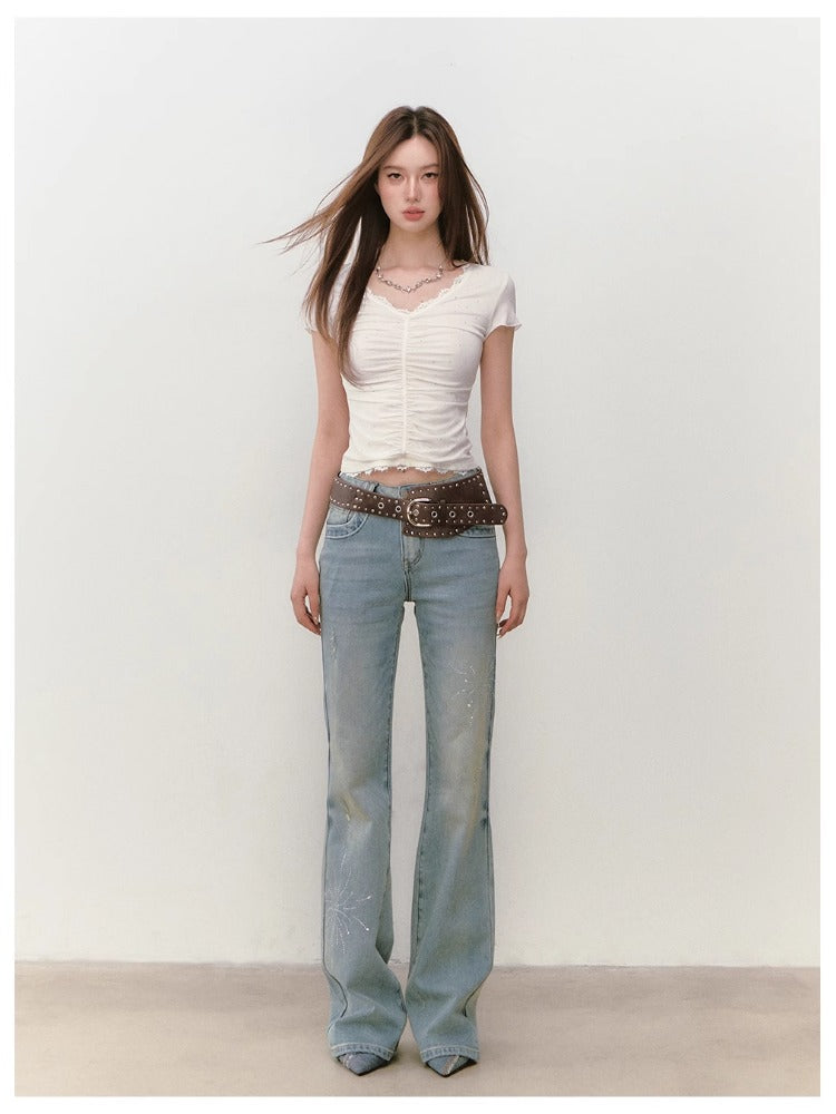 Rhinestone Firework Straight-Micro Flare Jeans