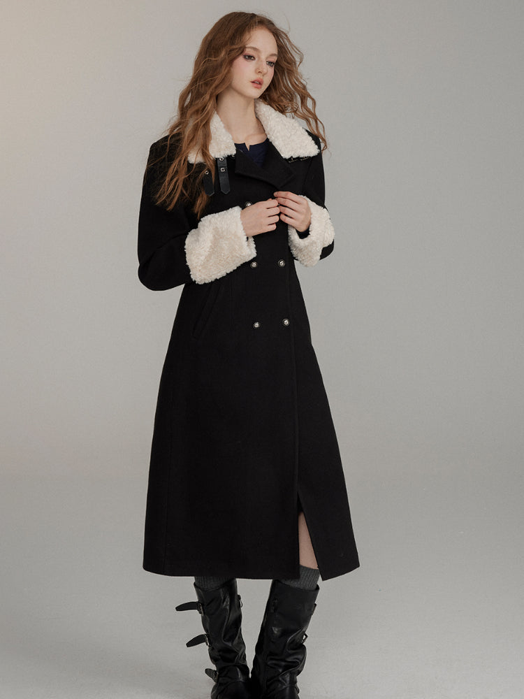 Wool Fleece Trim Long Coat