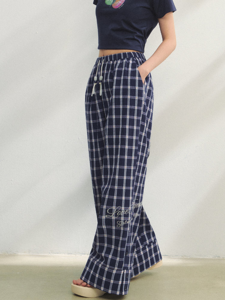 Checkered Strappy Rhinestone Turn-Up Straight-Leg Pants