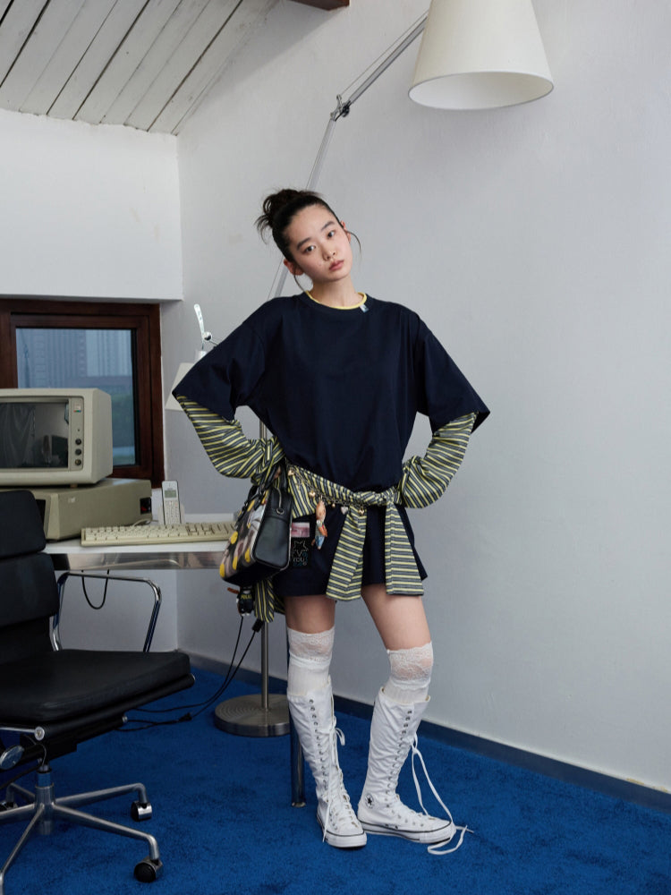 Fake Two-Piece Contrast Color Loose Striped T-Shirt