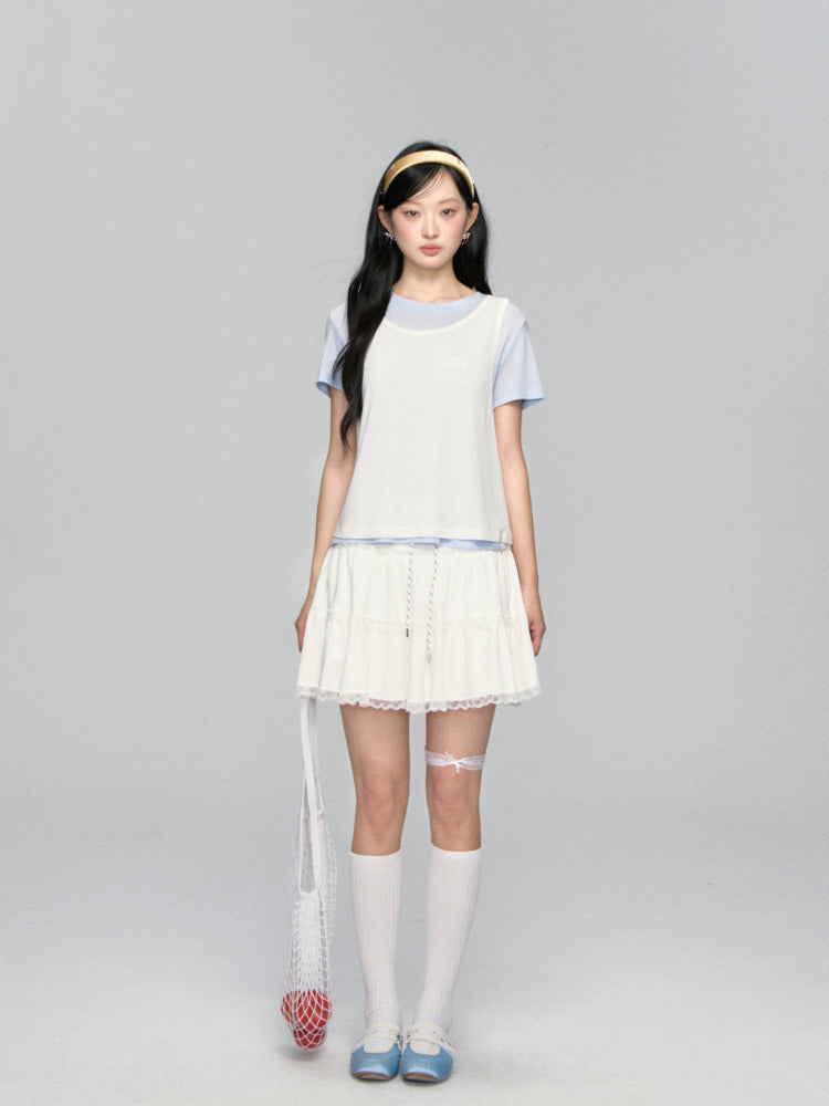 High-waisted Drawstring Lace-spliced Tiered Skirt