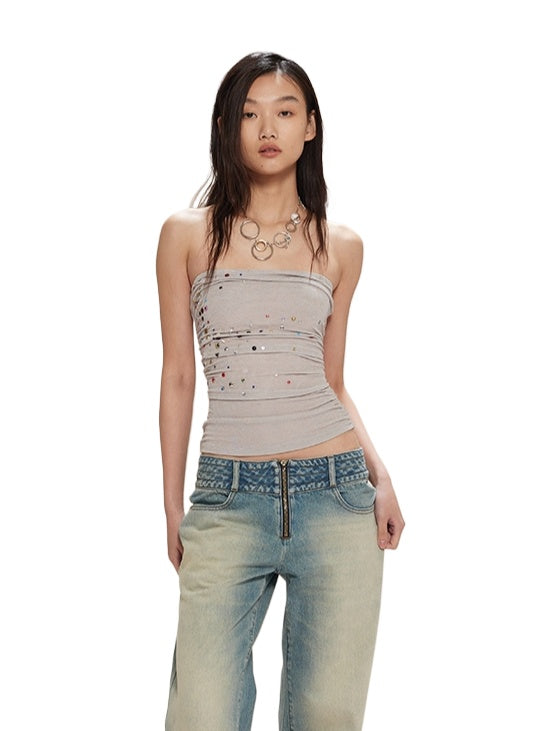 Rhinestone Strap Knit Tube Top & Skirt Set