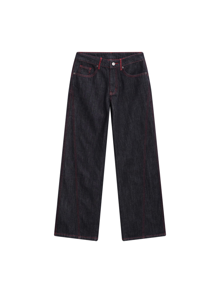 Contrast Stitch Embroidery Wide Pants