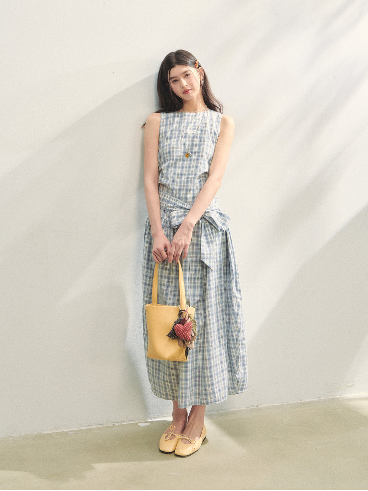 Belted Waist Checked Vest Dress