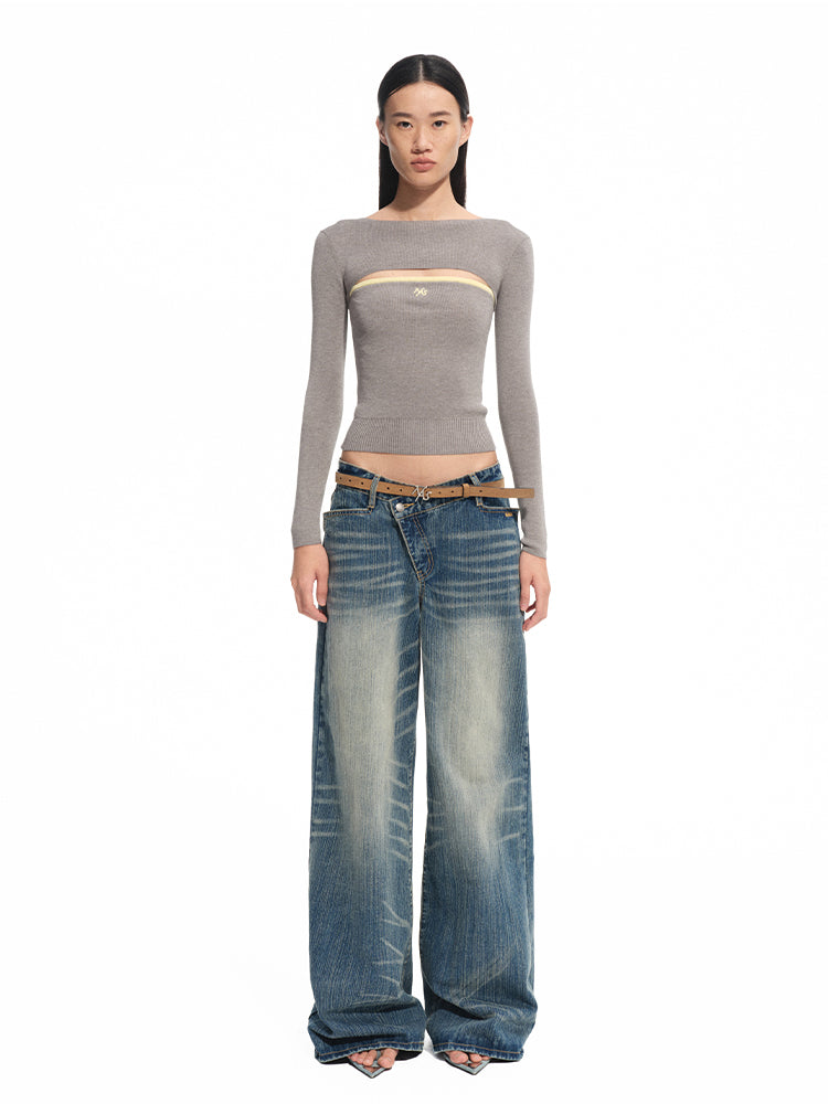 Washed Denim Low-waist Wide-leg Pants