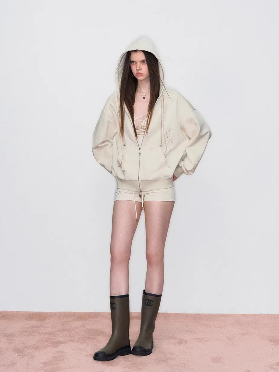 Embroidered Rhinestones Hoodie & Shorts Set