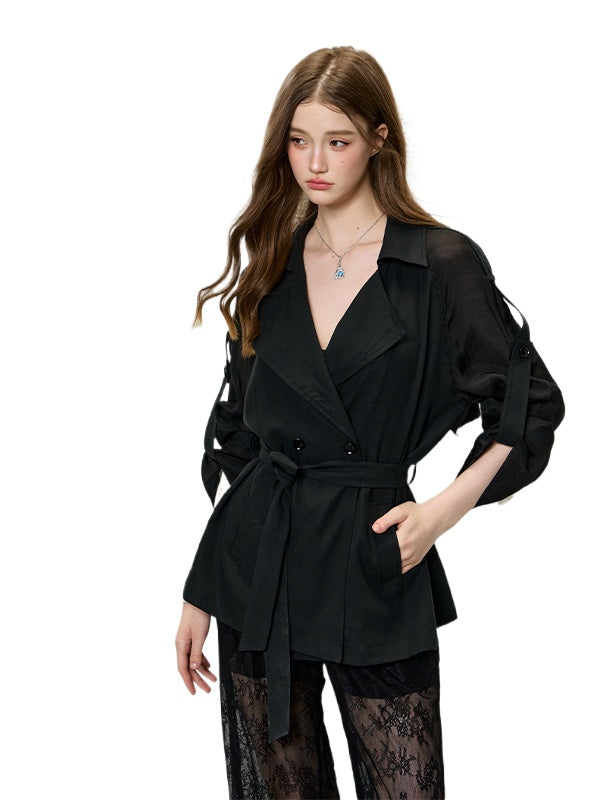 Black Tencel Linen Trench Coat