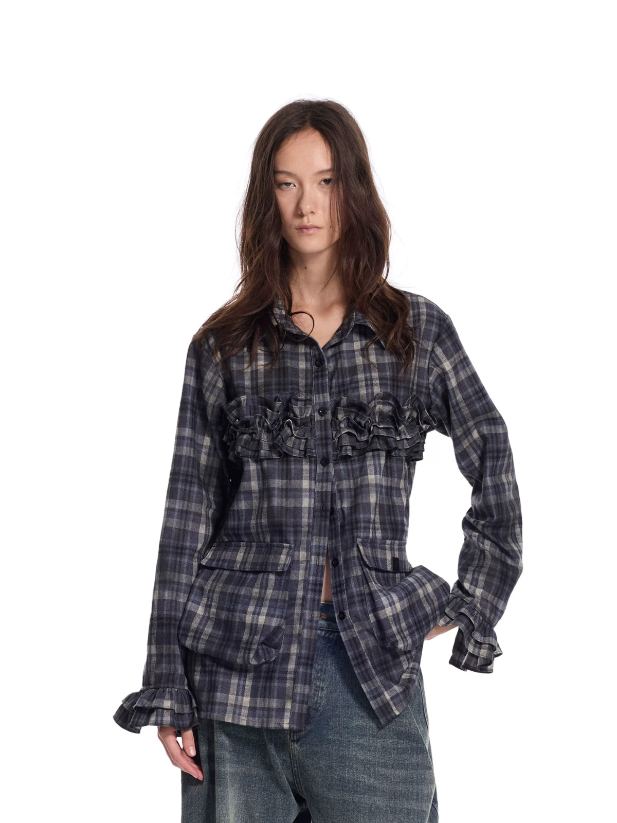 Brushed Plaid Ruffle Pocket Shirt