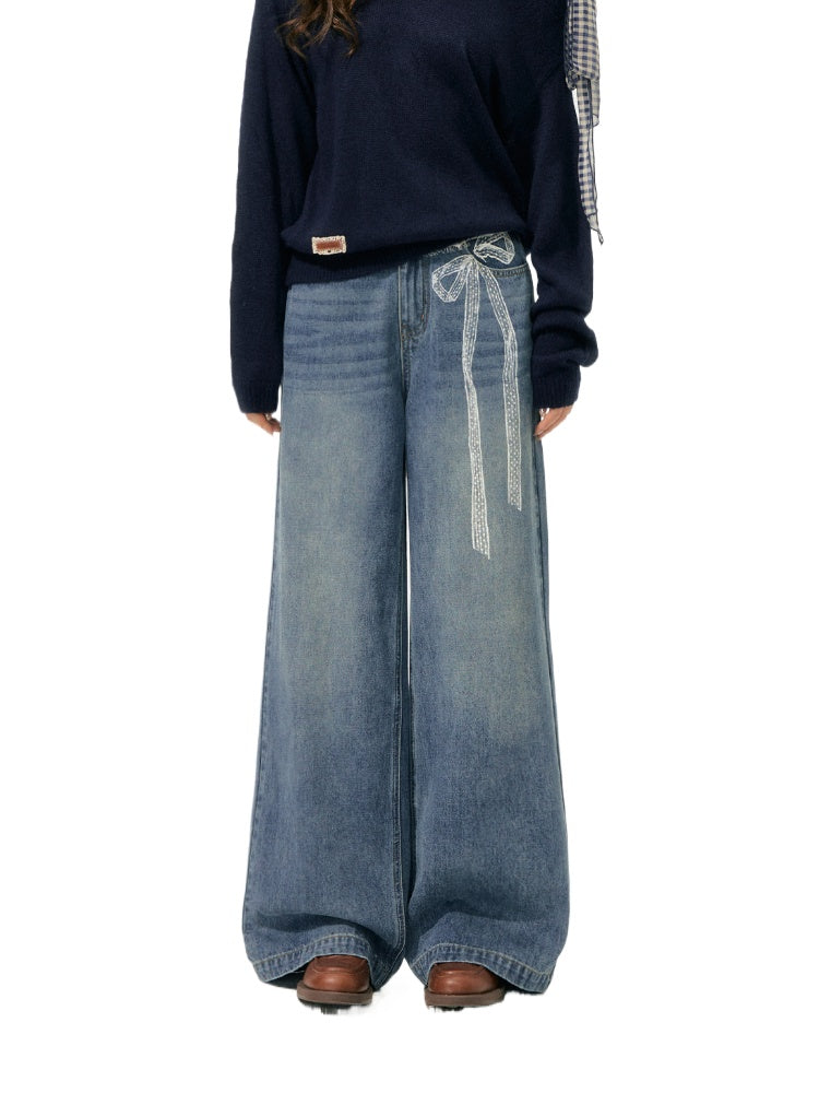 Lace Printed Wide-Leg Jeans