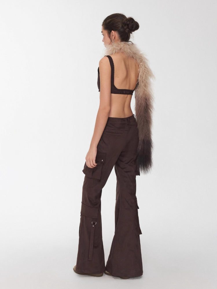 Suede Studded Cargo Flare Pants