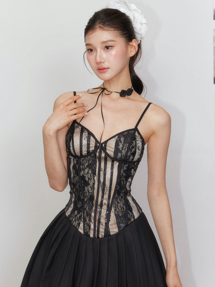 Pleated Lace Waist-Cinching Dress & Coat Set