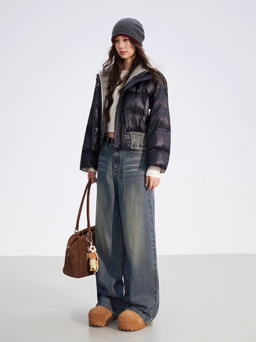 Reversible Knit Patchwork 90% White Duck Down Coat