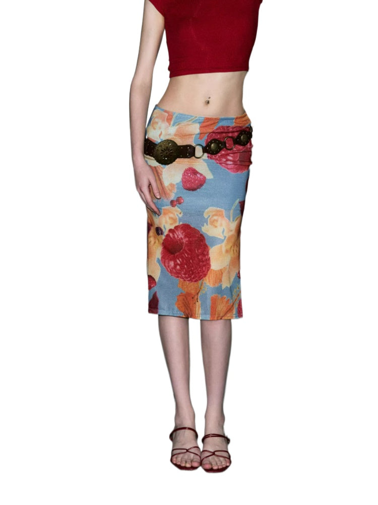Tropical Fruit Print Side Slit Midi Skirt