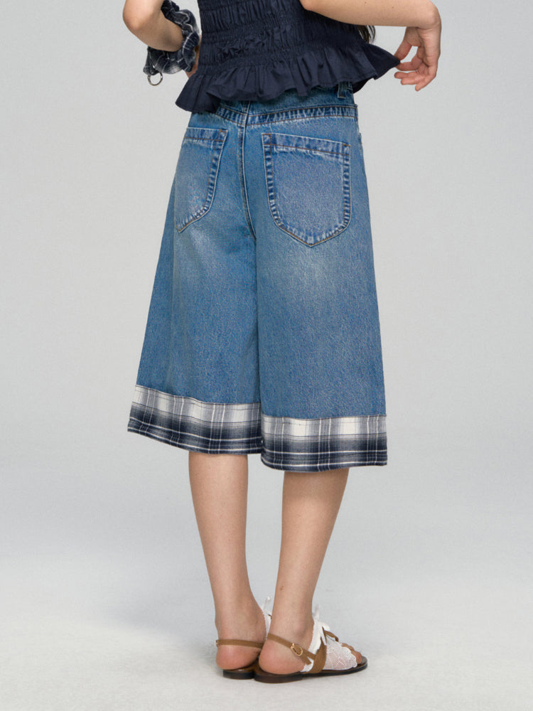 Checkered Patchwork Color-Blocking Wide-Leg Pants Set