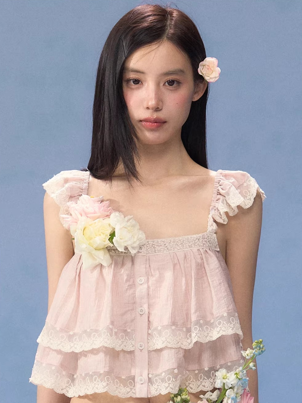 Pink Lace Square Neck Top & Skirt Set