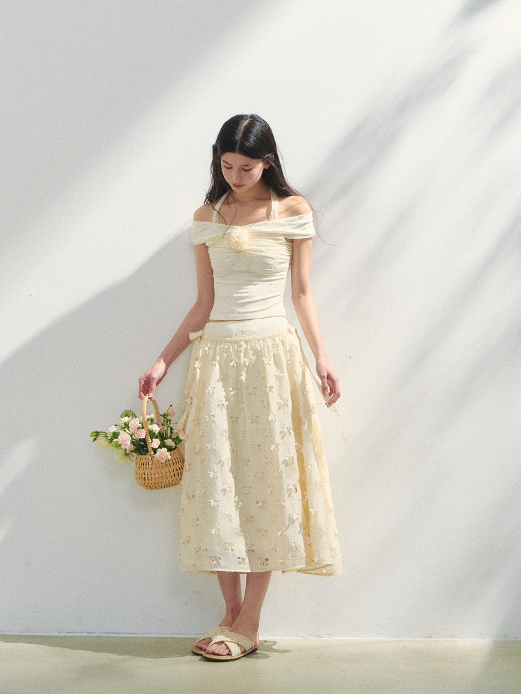 Off Shoulder 3D Flower Lace Short Top