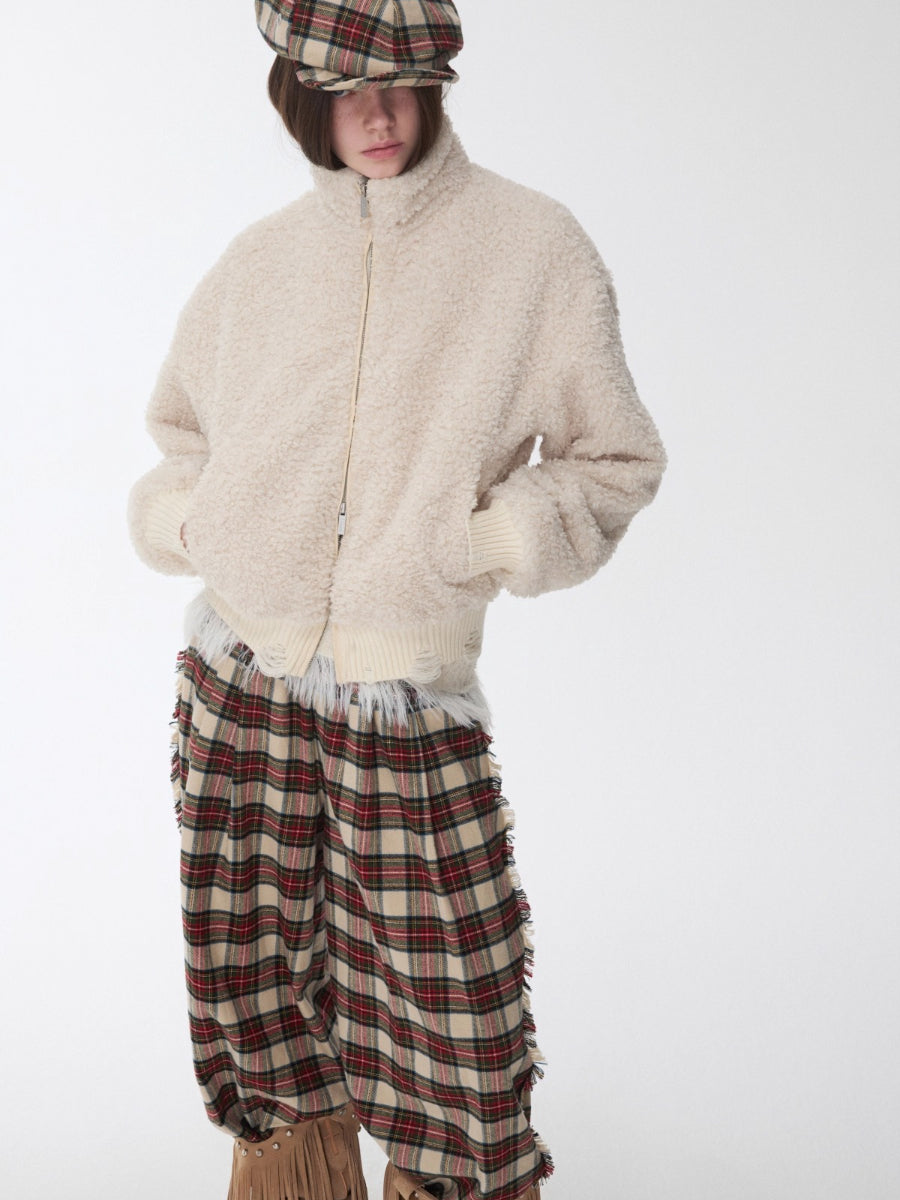 Zip-Up Shearling Textured Fitted Short Coat