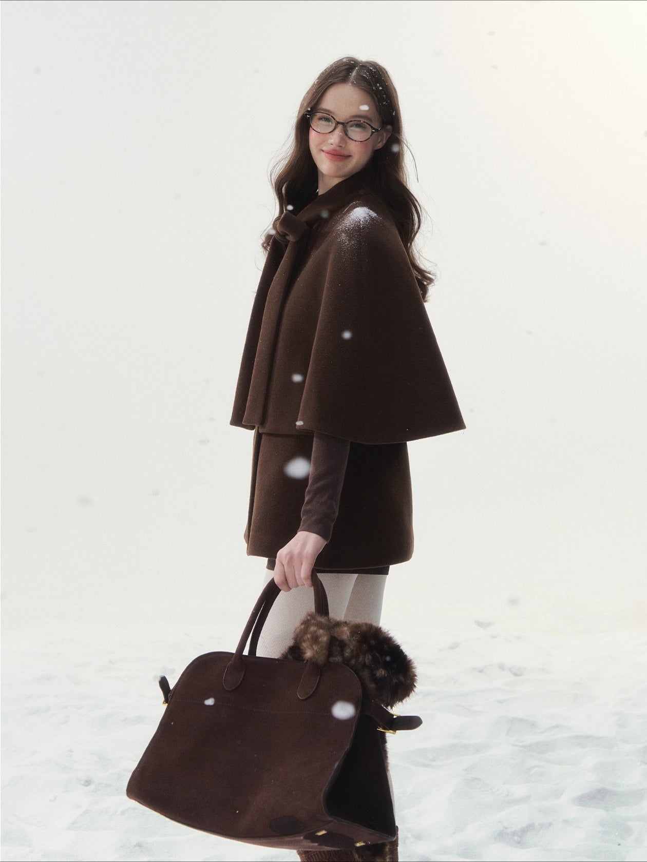 Brown Bow-Tie Double-Breasted Cape Coat