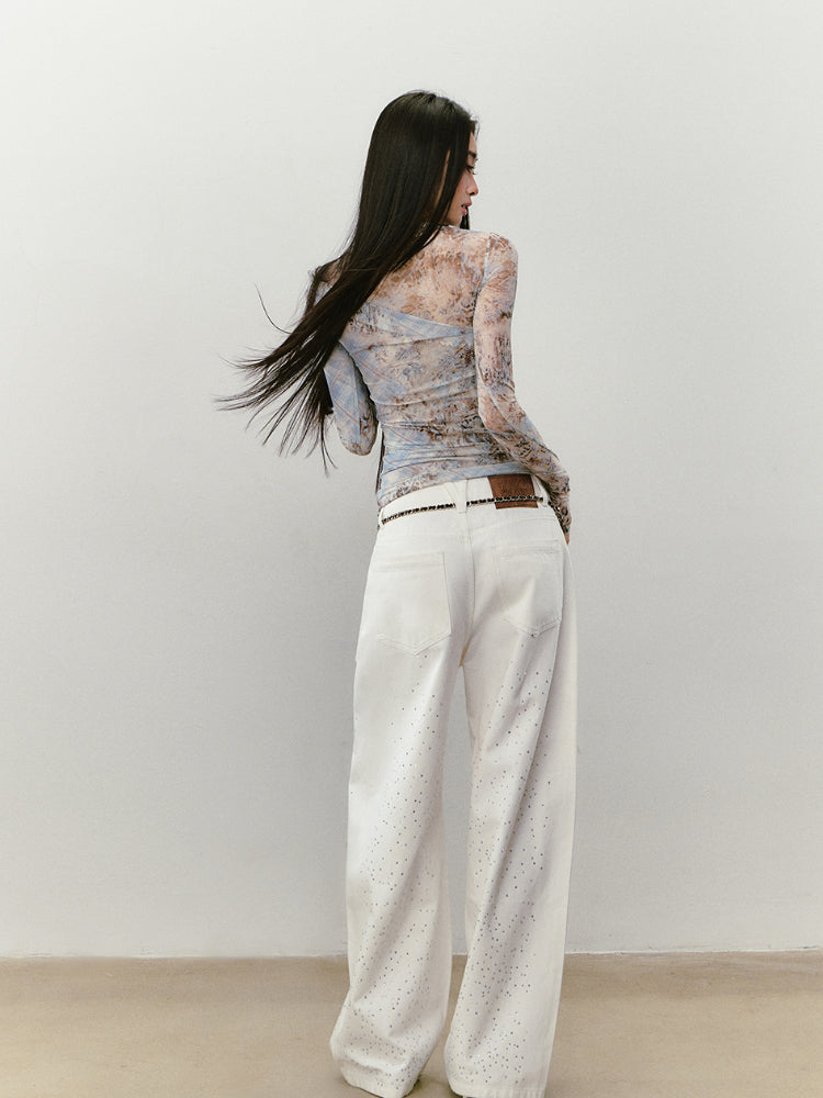 Printed Mesh Contrast-colored Long-sleeve T-shirt