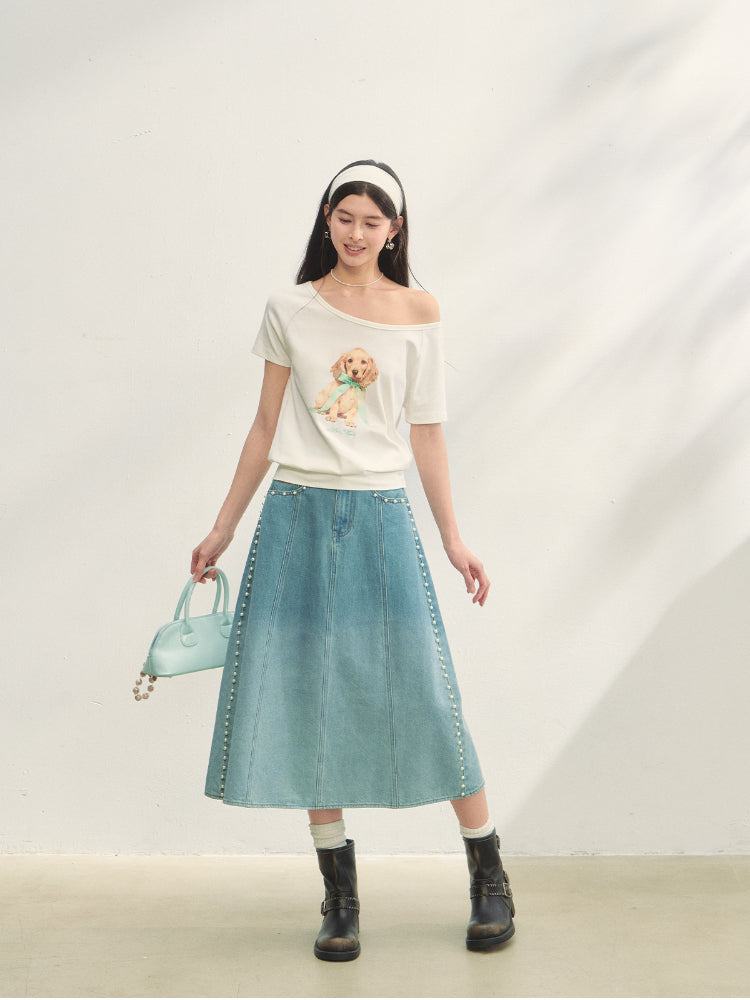 Asymmetric Shoulder Bow Puppy Printed T-Shirt