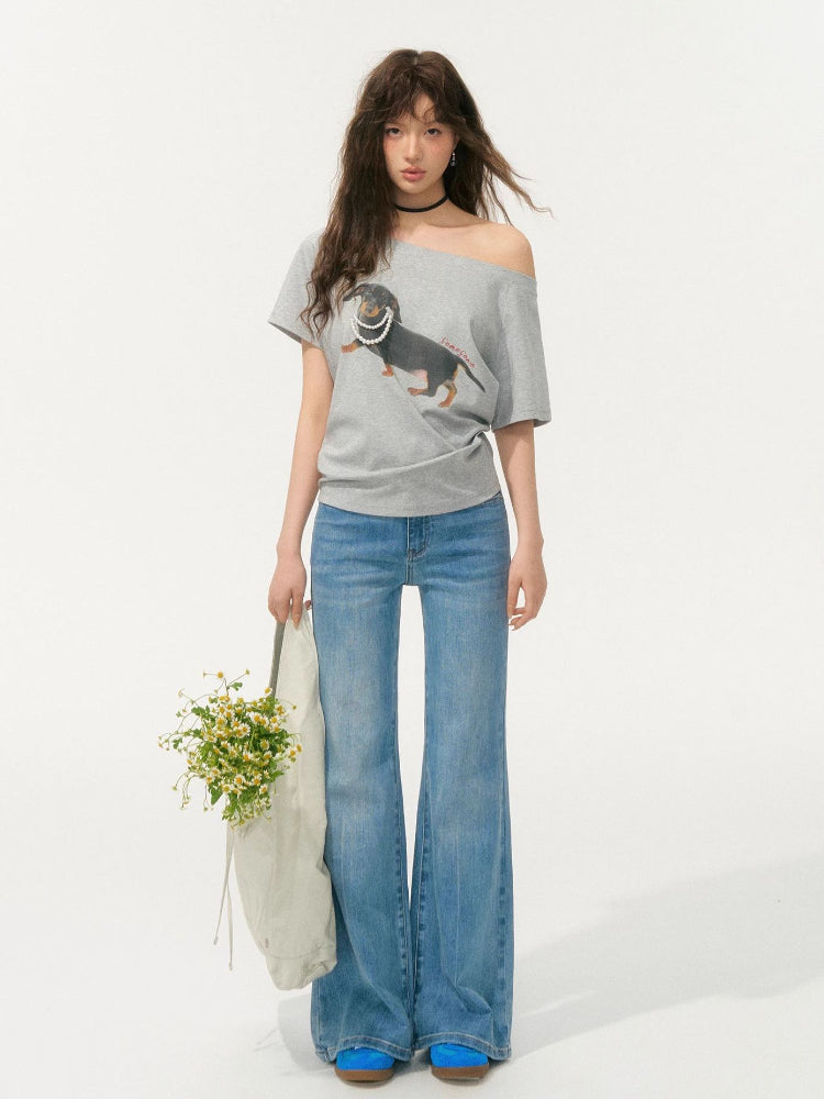 Off-Shoulder Pearl Embroidered Asymmetrical T-shirt