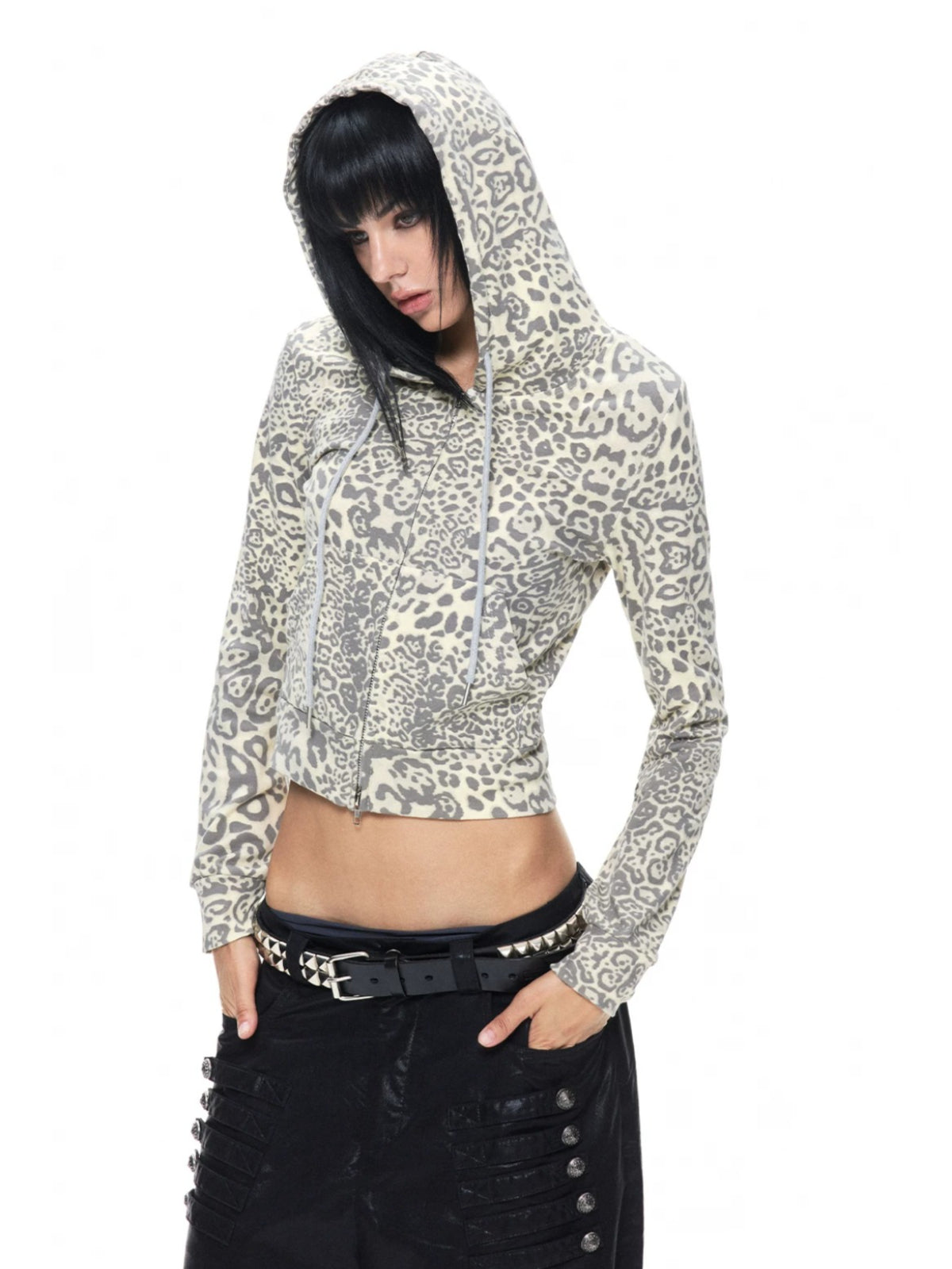 Leopard Print Cropped Zip Hoodie