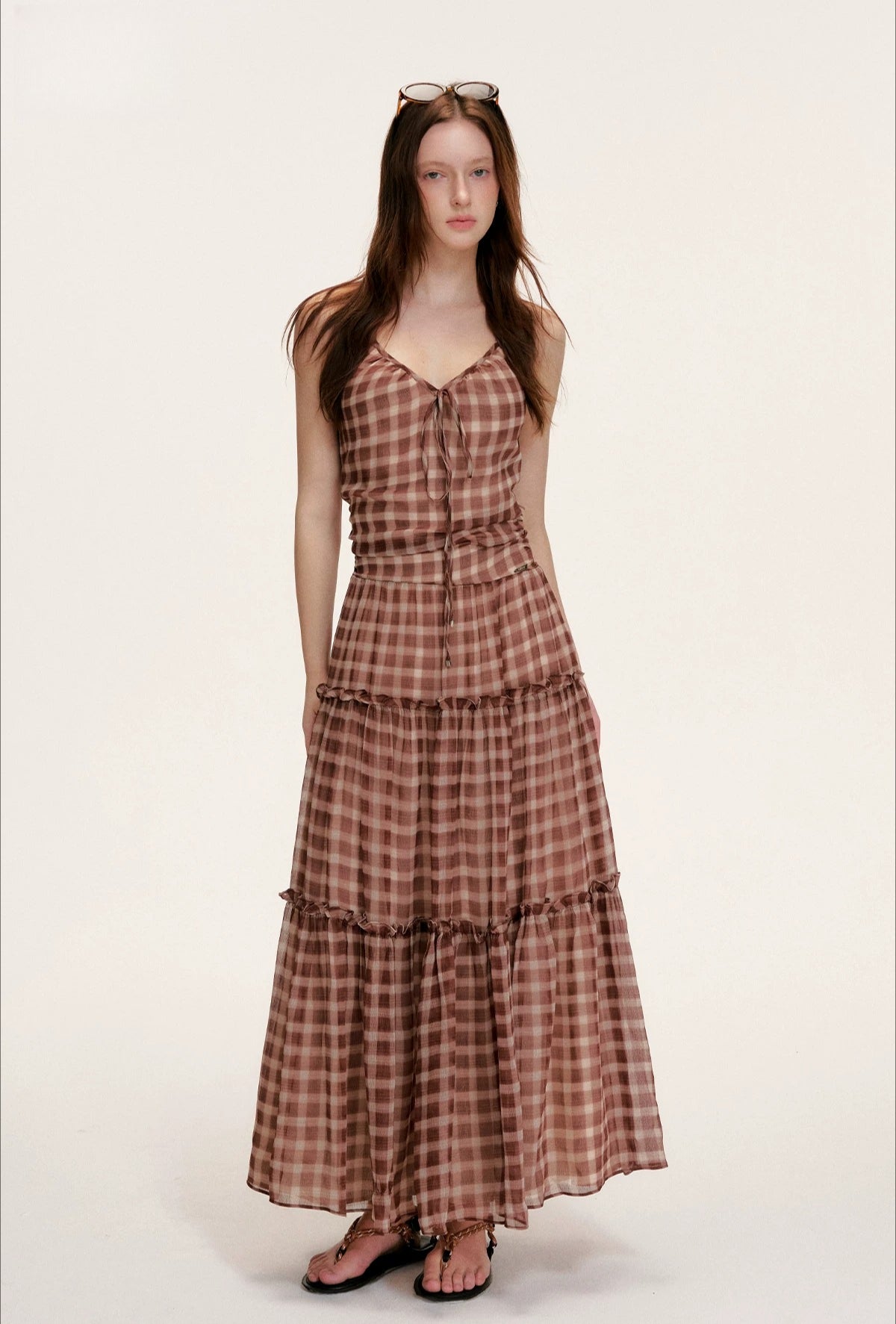Vintage Brown Plaid Halter Maxi Dress