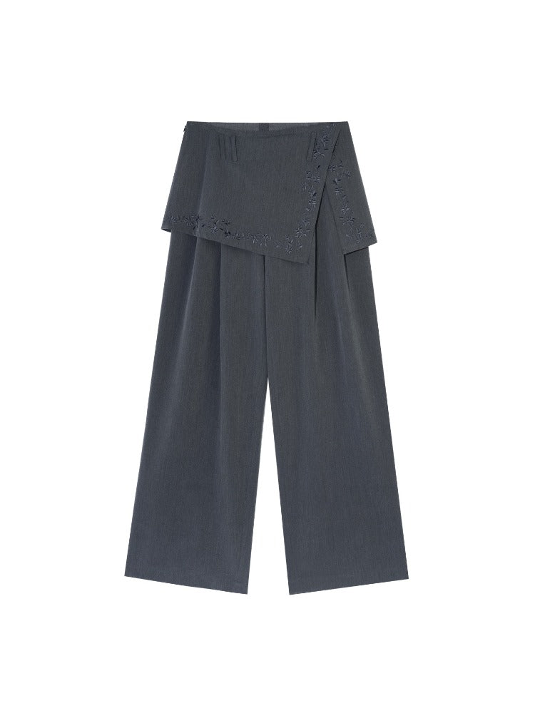 Gray Embroidered Curtain Panel Pants