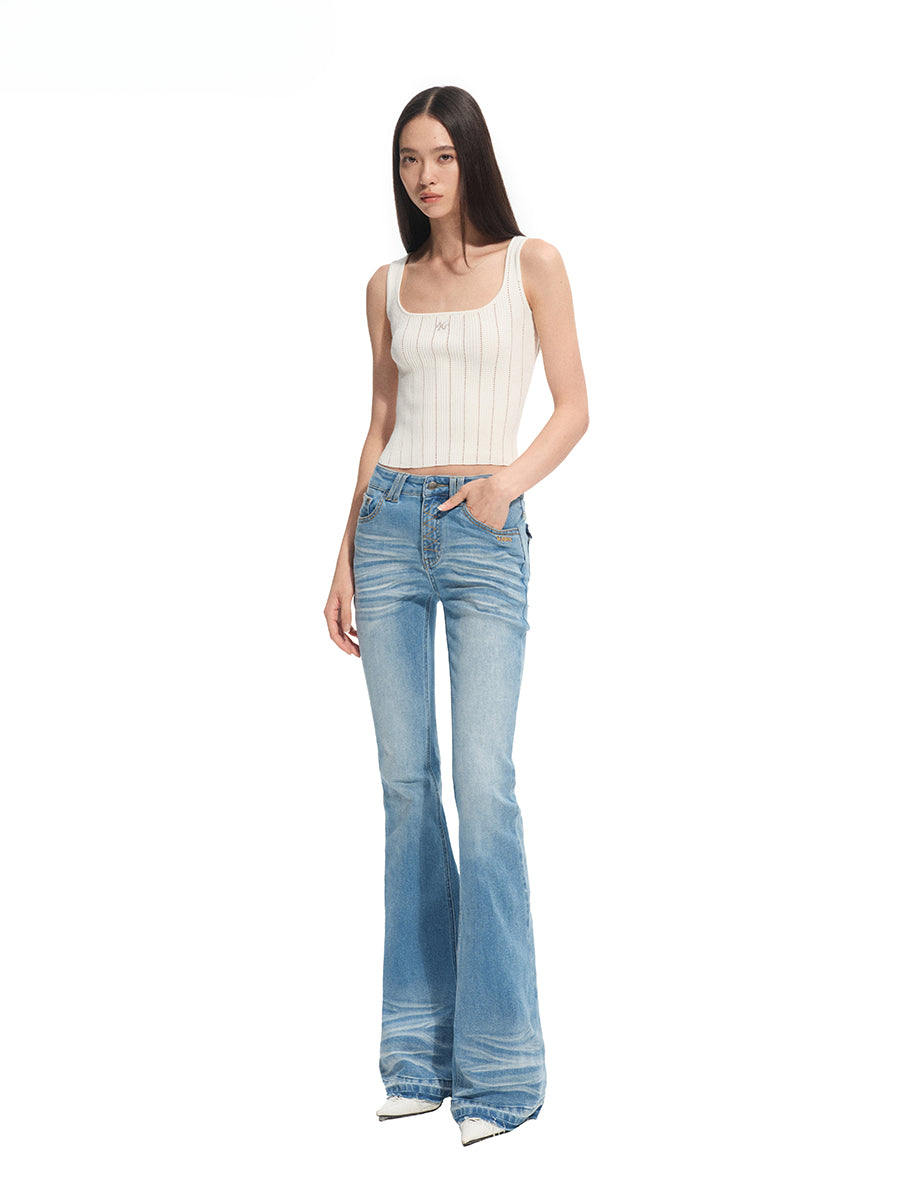 Washed Stretch Skinny Micro-flare Jeans