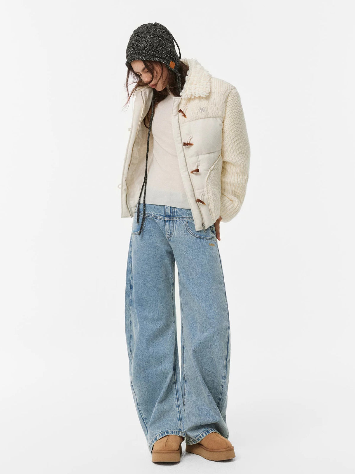 Double Waistband Washed Barrel Jeans
