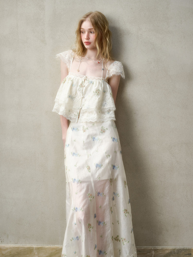 Lace Embroidery Flower French - Style Shirt & Skirt Set
