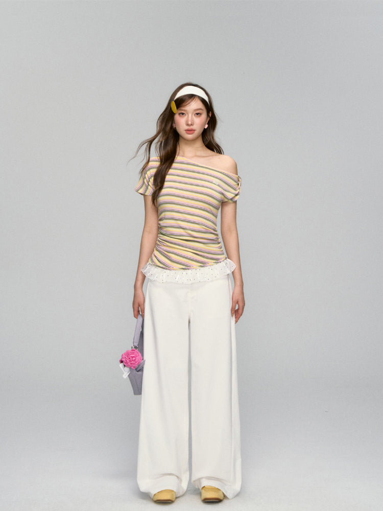Striped Lace-Spliced Asymmetric-Shoulder T-shirt