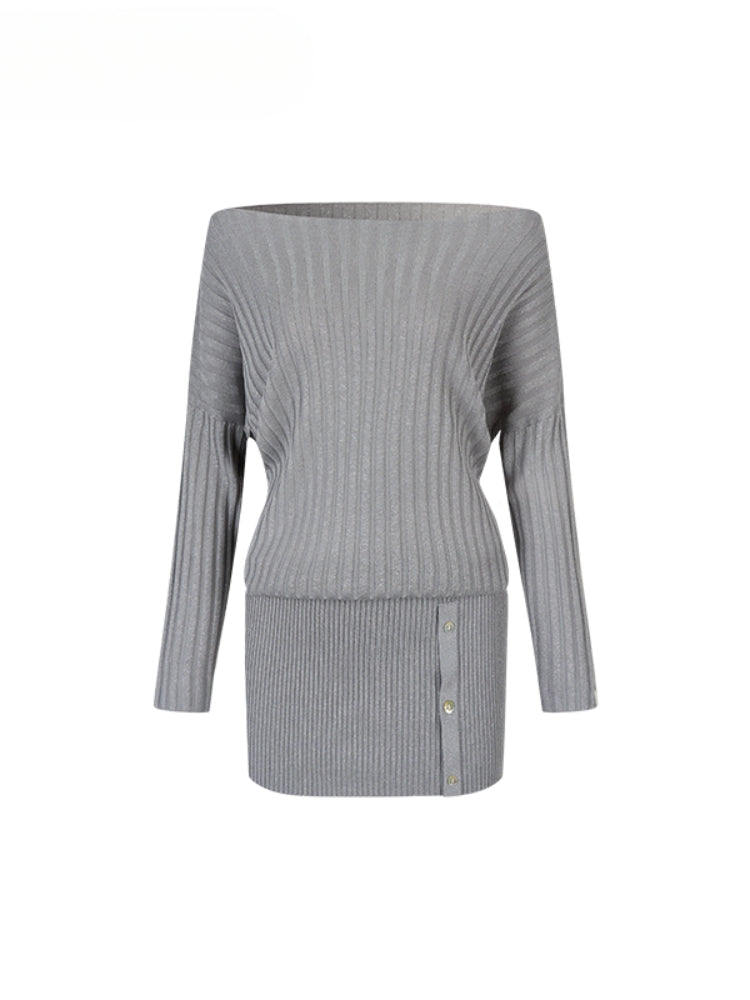 Thin One-shoulder Oblique-shoulder Button Dress