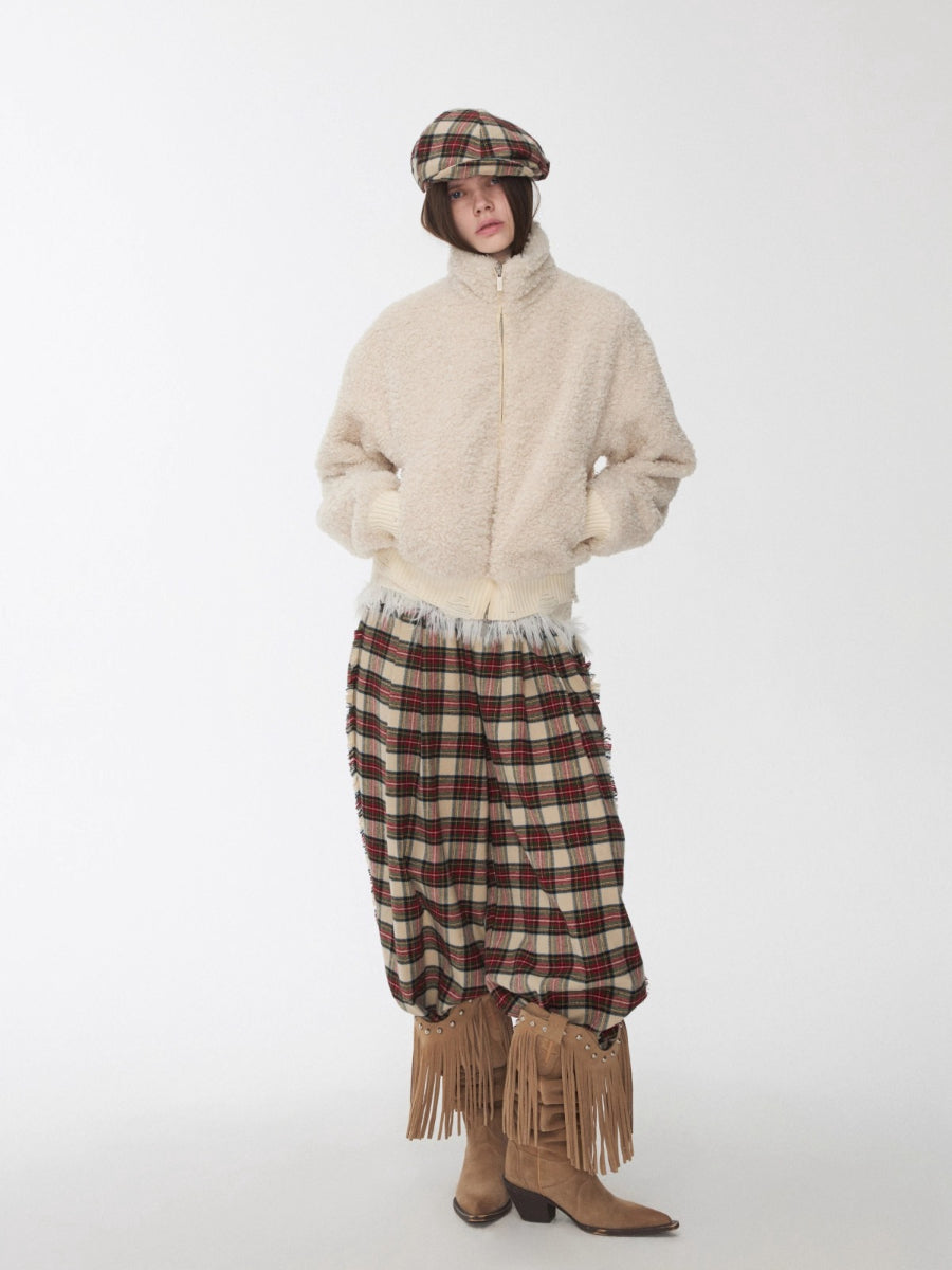 Vintage Red Plaid Brushed Cotton Wide-Leg Pants