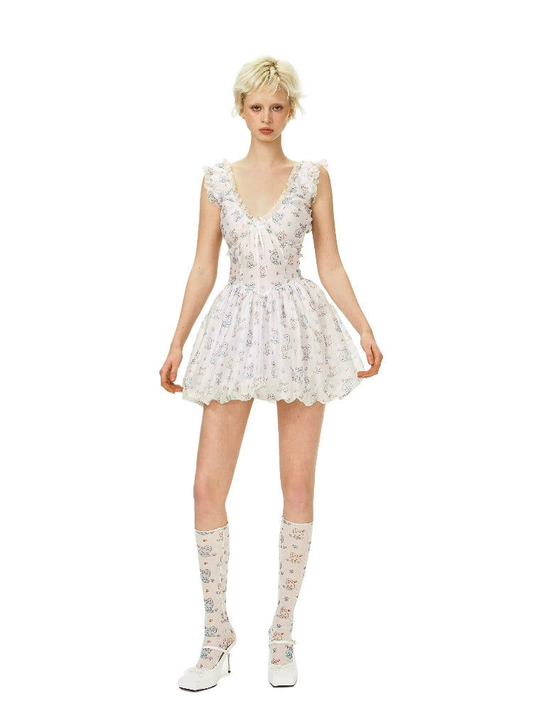 Meow Print V-Neck Dress