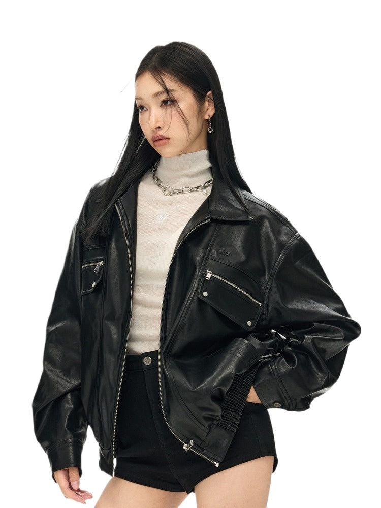 Black & White Vintage Silhouette Collar Moto Jacket